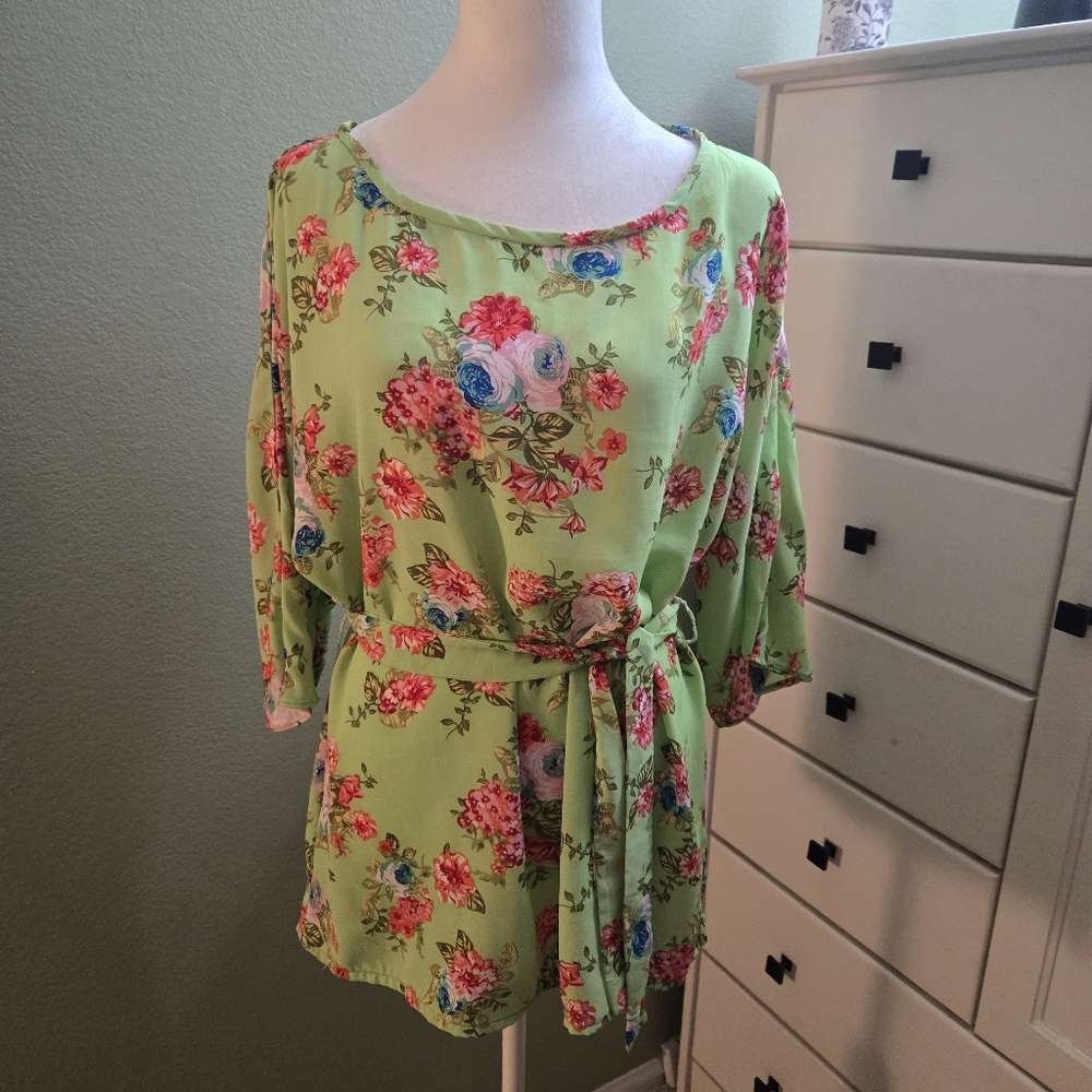 Custom Made Green Floral Women's Tunic Blouse With Matching Tie